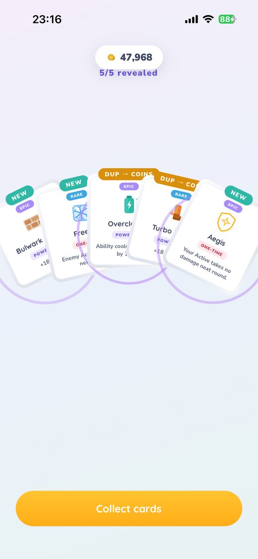 Power-up cards revealed from a pack